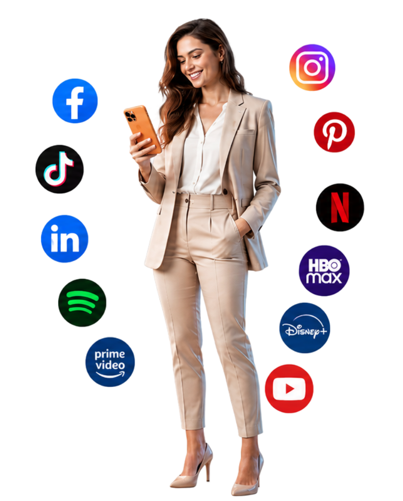 Profissional de mídia digital rodeada pelos principais ambientes de streaming e redes sociais