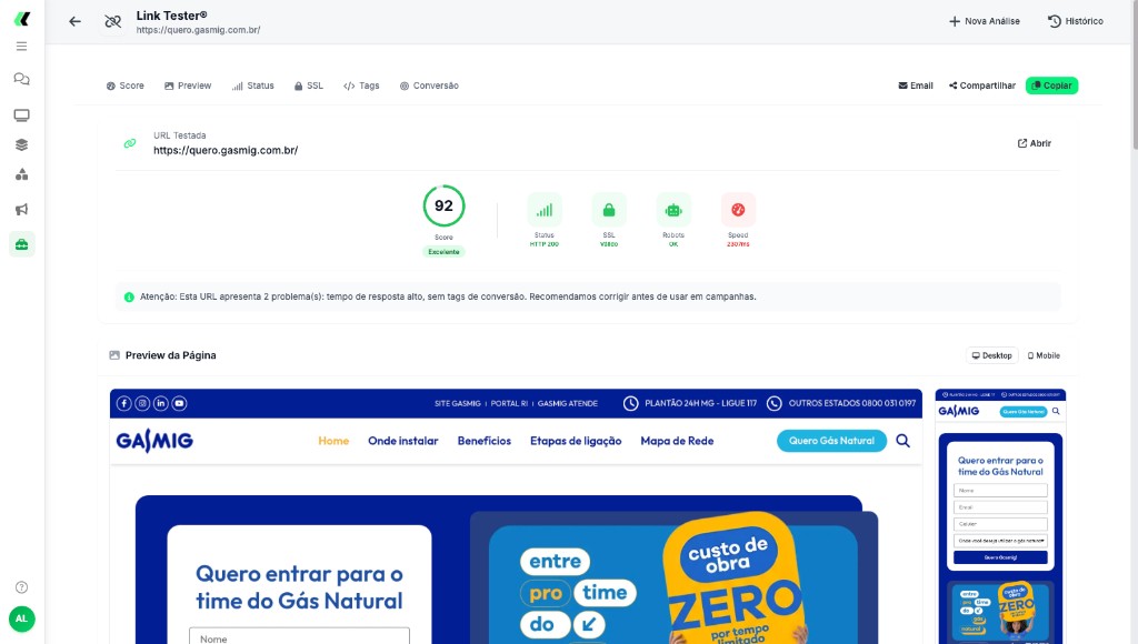 Link Tester — interface no Cadu Media OS
